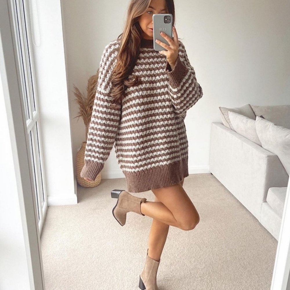 Zara Bloggers Favorite Striped Jacquard Chunky Knit Sweater Cream Brown